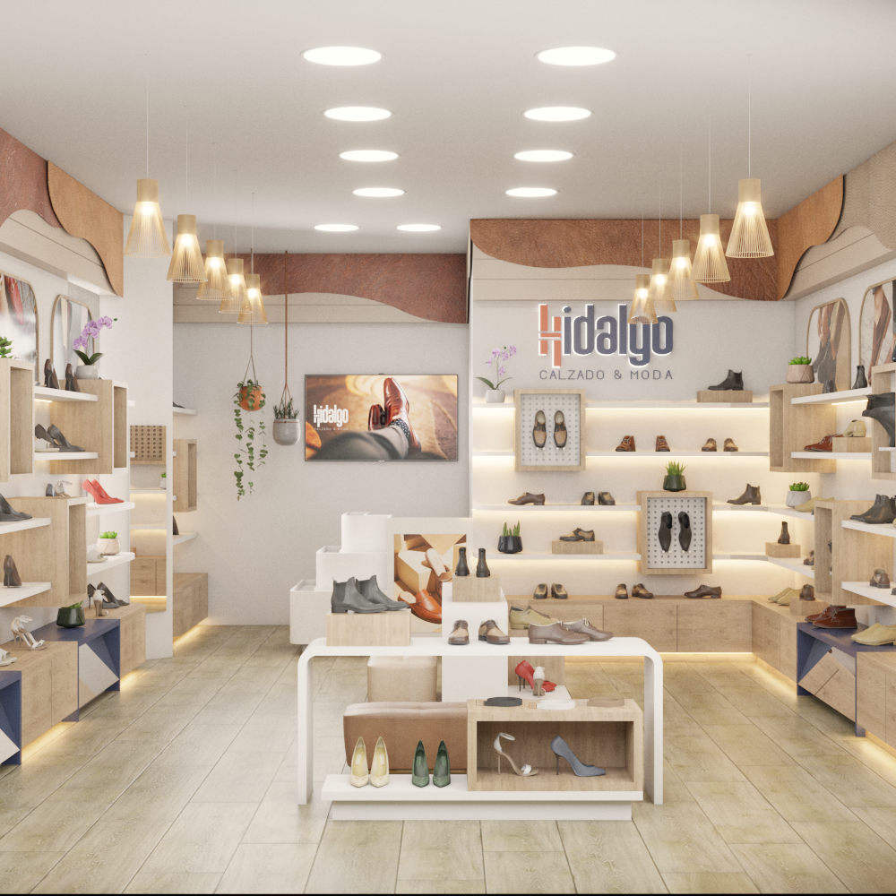 Interior de Hidalgo Calzado & Moda - Estantes iluminados con calzado premium