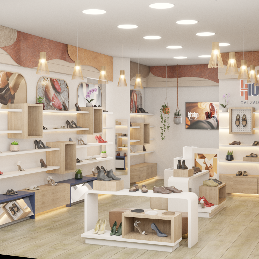 Vista completa del interior de la tienda con exhibidores múltiples